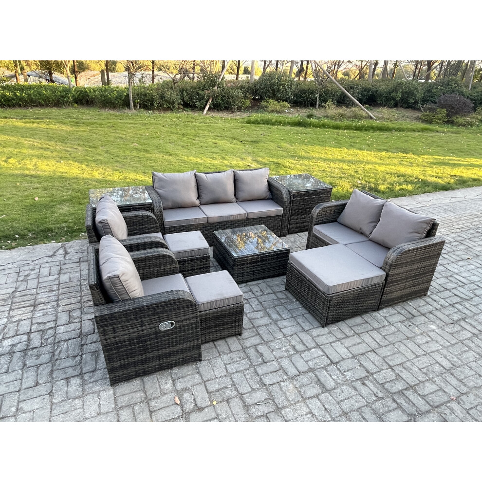 Fimous 10 Seater Garden Furniture Set Rattan Outdoor Lounge Sofa Chair With Tempered Glass Table 3 Footstools 2 Side Tables