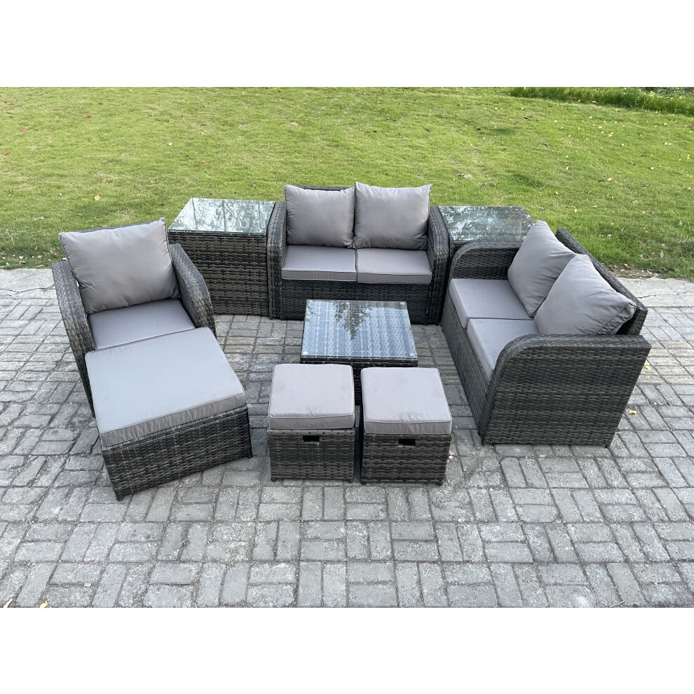 Fimous Pe Rattan Garden Furniture Sets Outdoor Love Sofa Chair Set Square Coffee Table 2 Side Tables 3 Footstools