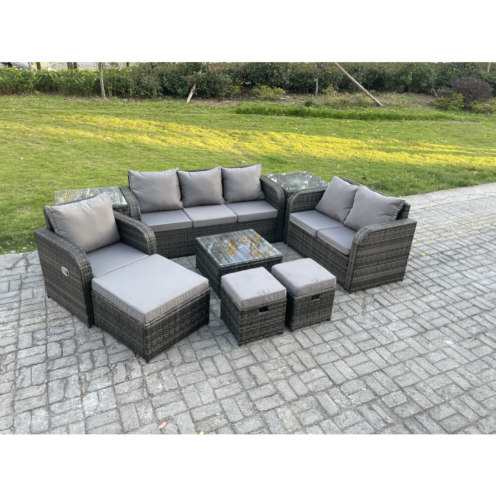 Fimous Rattan Garden Furniture 9 Piece Patio Set With Reclining Chair Loveseat Sofa Side 3 Seater Sofa