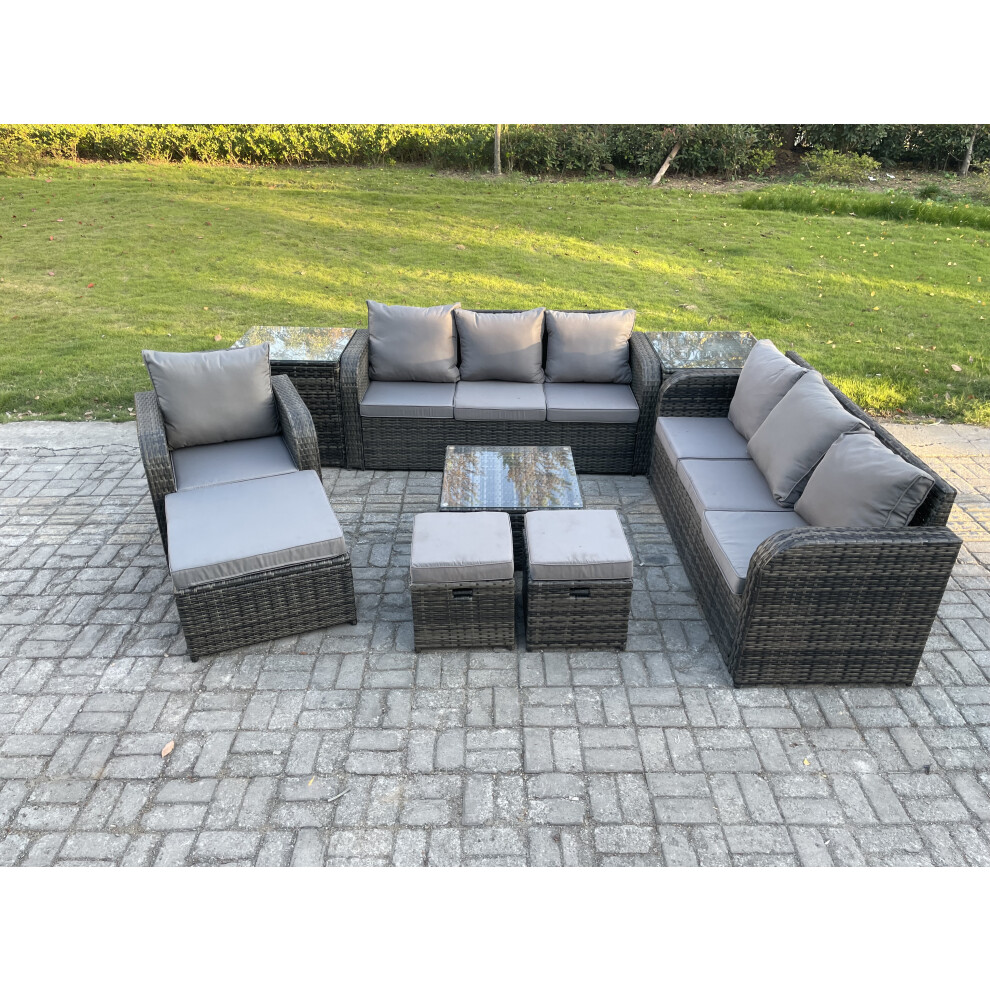 Fimous 10 Seater Outdoor Rattan Garden Furniture Set Conservatory Patio Sofa Coffee Table With Reclining Chair 3 Footstools Brown