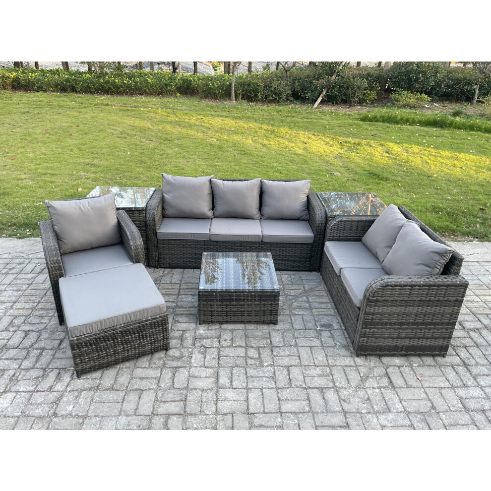 Fimous Rattan Garden Furniture 7 Piece Patio Set With Reclining Chair Love seat sofa 2 Side Tables Big Footstool