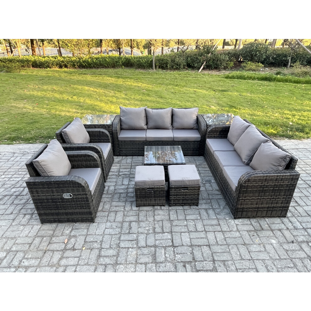 Fimous High Back Rattan Garden Furniture Set With 2 Small Footstools 2 Side Tables Indoor Outdoor Patio Lounge Sofa Set