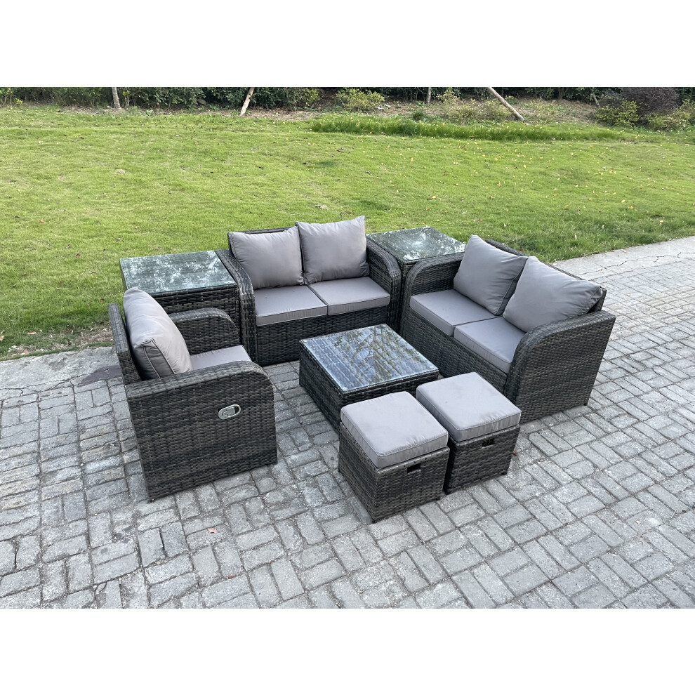 Fimous Pe Rattan Garden Furniture Sets Outdoor Love Sofa Chair Set Square Coffee Table 2 Side Tables 2 Small Footstools