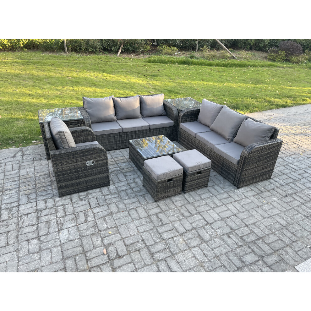 9 Seater Outdoor Rattan Garden Furniture Set Conservatory Patio Sofa Coffee Table With Reclining Chair 2 Small Footstools 2 Side Tables