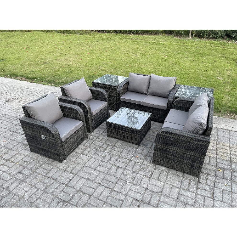 6 Seater Rattan Sofa Set Outdoor Garden Furniture Set with Square Coffee Table Loveseat Sofa Reclining Chairs 2 Side Tables