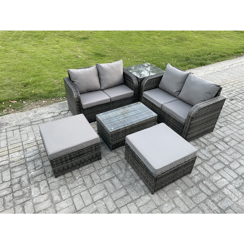 Fimous 6 Seater Garden Furniture Set Rattan Outdoor Lounge Sofa Chair With Tempered Glass Table 32 Big Footstools Side Table
