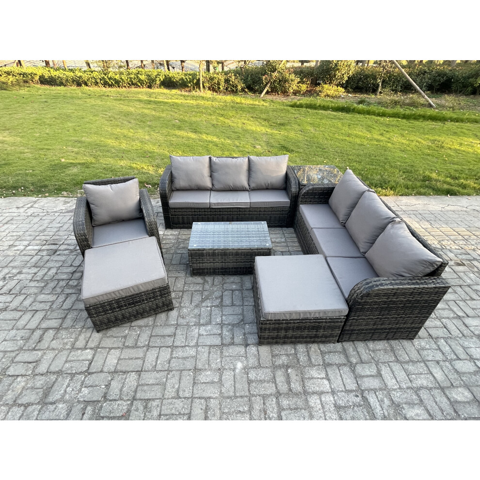 Fimous 9 Seater Rattan Lounge Sofa Set Outdoor Garden Furniture Set With Rectangular Coffee Table 3 Seater Sofa Dark Grey Mixed