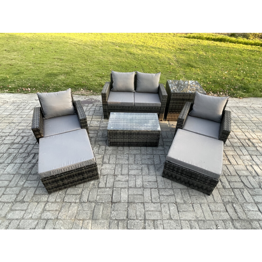 B&Q - 6 Seater Dark Grey Outdoor Rattan Garden Furniture Set Patio Lounge Sofa Rectangular Coffee Table With 2 Big Footstool - Image 2