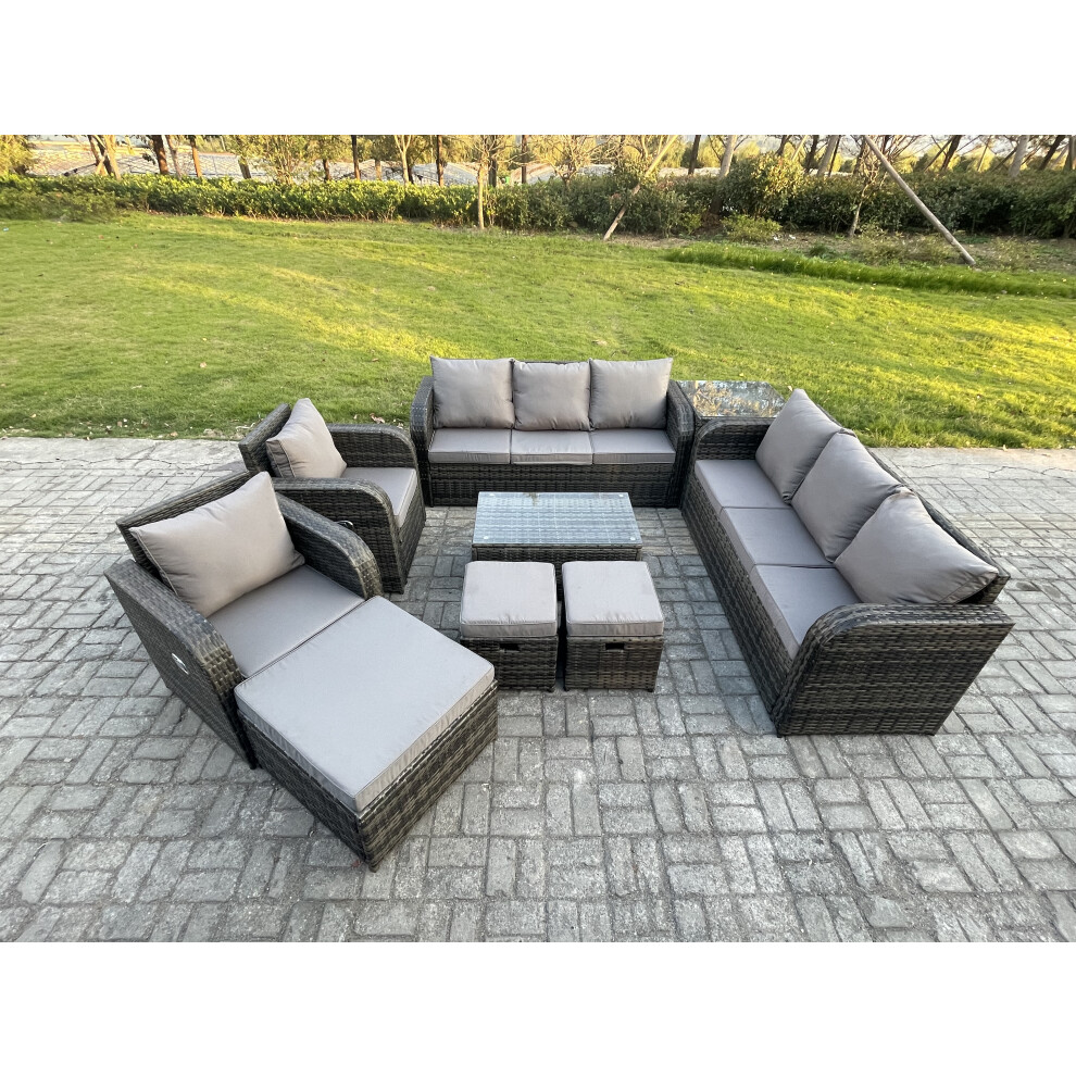 Rattan Outdoor Garden Furniture Sofa Set Patio Table & Chairs Set with 3 Seater Sofa Reclining Chair 3 Footstools 3 Seater Sofa Side Table