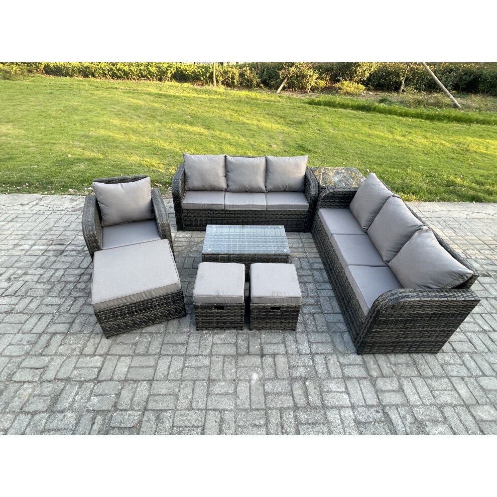 Fimous 10 Seater Rattan Lounge Sofa Set Outdoor Garden Furniture Set With Rectangular Coffee Table 3 Seater Sofa 3 Footstools