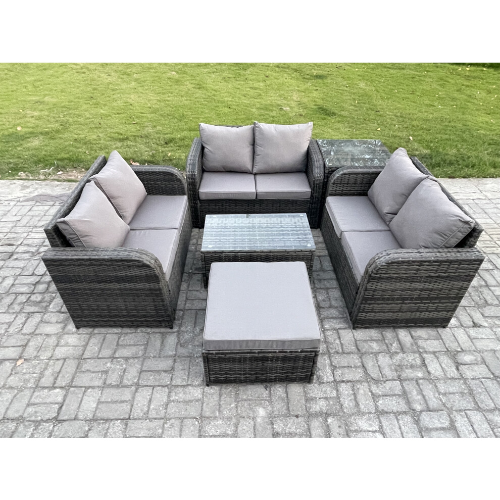 Rackhams Dark/Grey 7-Seater Outdoor Rattan Garden Furniture Set - Mixed Wicker Sofa With Rectangular Coffee Table & Big Footstool - Image 2