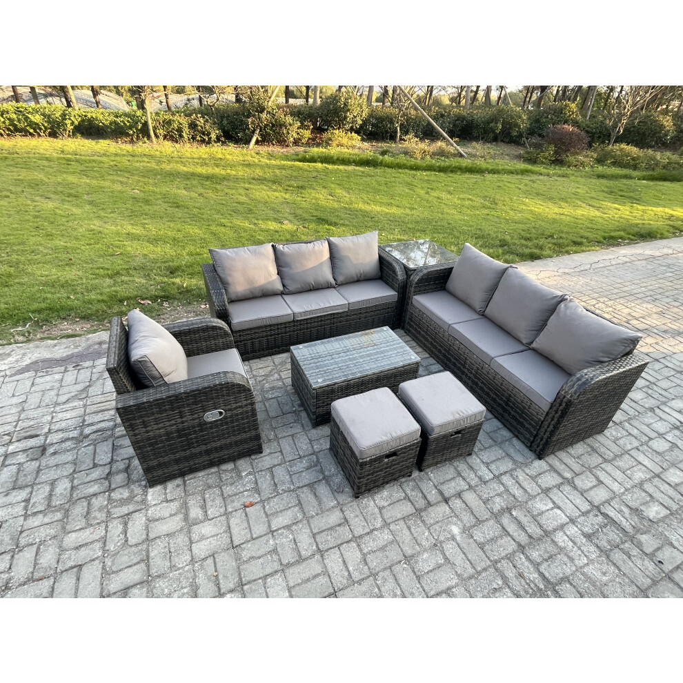 Fimous 9 Seater Rattan Outdoor Garden Furniture Sofa Set Patio Table & Chairs Set With 3 Seater Sofa Reclining Chair Dark Mixed Grey