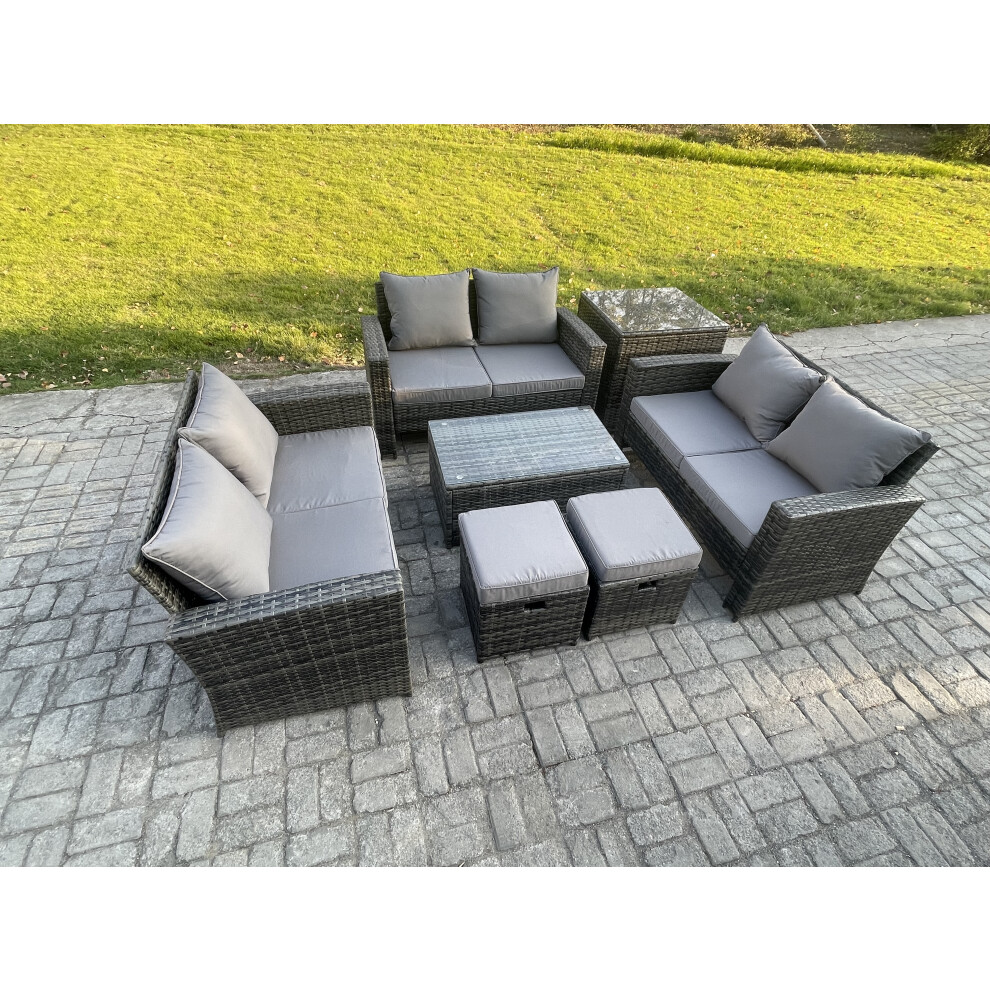 B&Q - 7Pc Rattan Sofa Garden Furniture Outdoor Patio Set With Side Table 2 Small Footstools Double Seat Sofa Dark Grey Mixed - Image 2