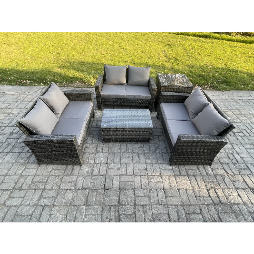 Fimous Dark/Grey 6 Seater Outdoor Rattan Garden Furniture Set Patio Love Sofa Rectangular Coffee Table Set With Side Table - Image 2
