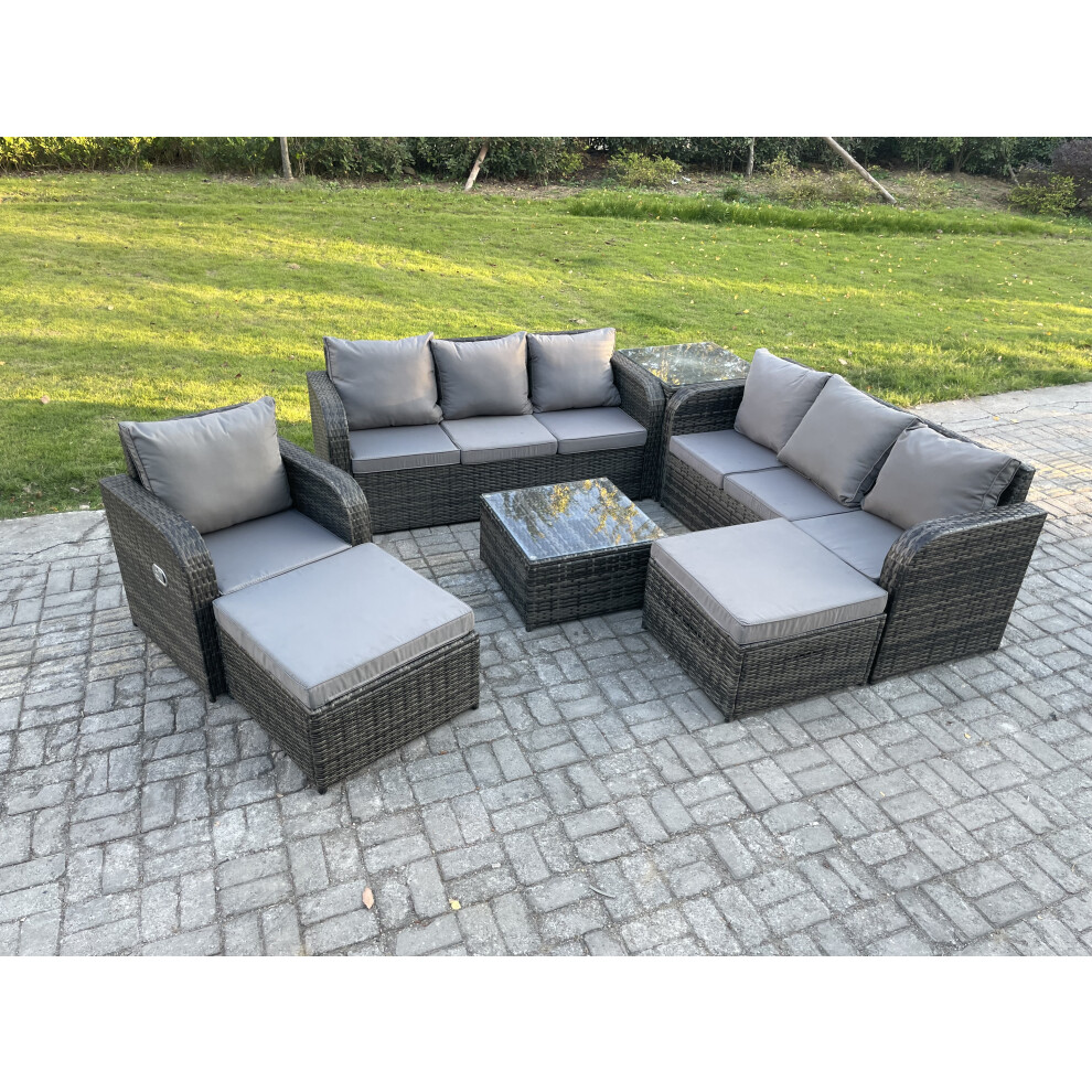 Fimous 9 Seater Outdoor Rattan Garden Furniture Set Conservatory Patio Sofa Coffee Table With Reclining Chair 2 Big Footstool Brown