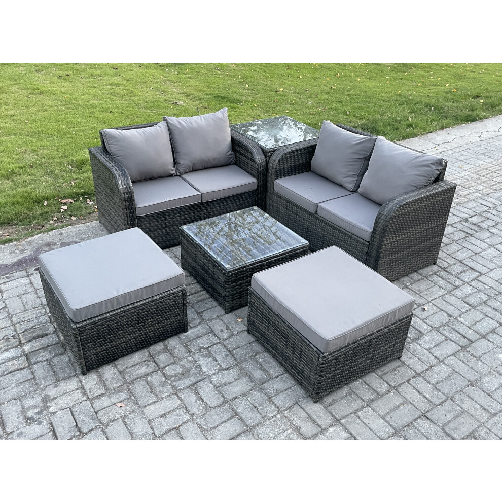 Rackhams Dark/Grey 6-Seater Rattan High Back Lounge Set | Outdoor/Indoor Sofa, Square Coffee Table, 2 Large Footstools, Loveseat - Image 2