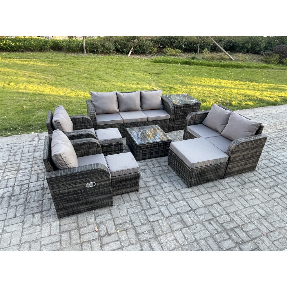 Fimous 10 Seater Garden Furniture Set Rattan Outdoor Lounge Sofa Chair With Tempered Glass Table 3 Footstools Side Table