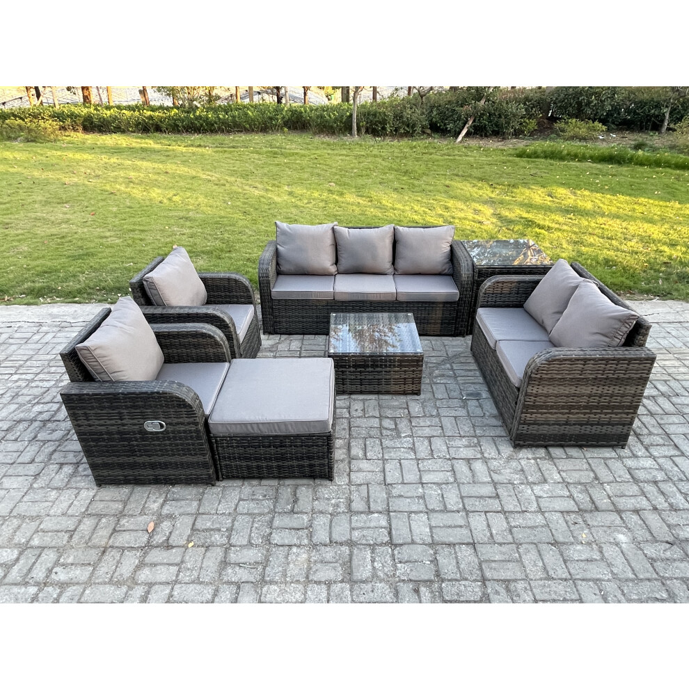 Fimous 8 Seater Garden Furniture Set Rattan Outdoor Lounge Sofa Chair With Tempered Glass Table Big Footstool Side Table