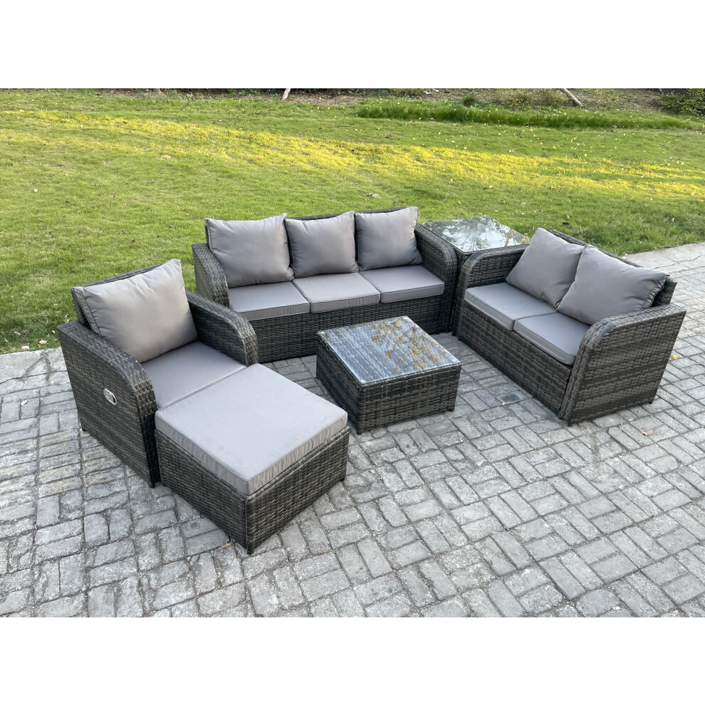 Fimous Rattan Garden Furniture 6 Piece Patio Set With Reclining Chair Loveseat Sofa Big Footstool Side Table