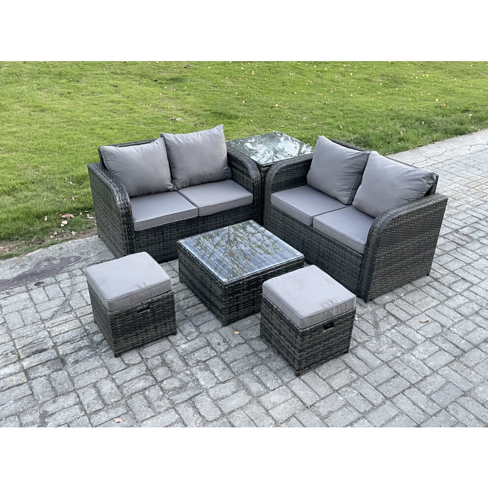 Fimous Unisex Dark Grey Rattan Sofa Set Outdoor Garden Furniture Set With Square Coffee Table Loveseat Sofa 2 Footstool Side Table Mixed Small - Image 2