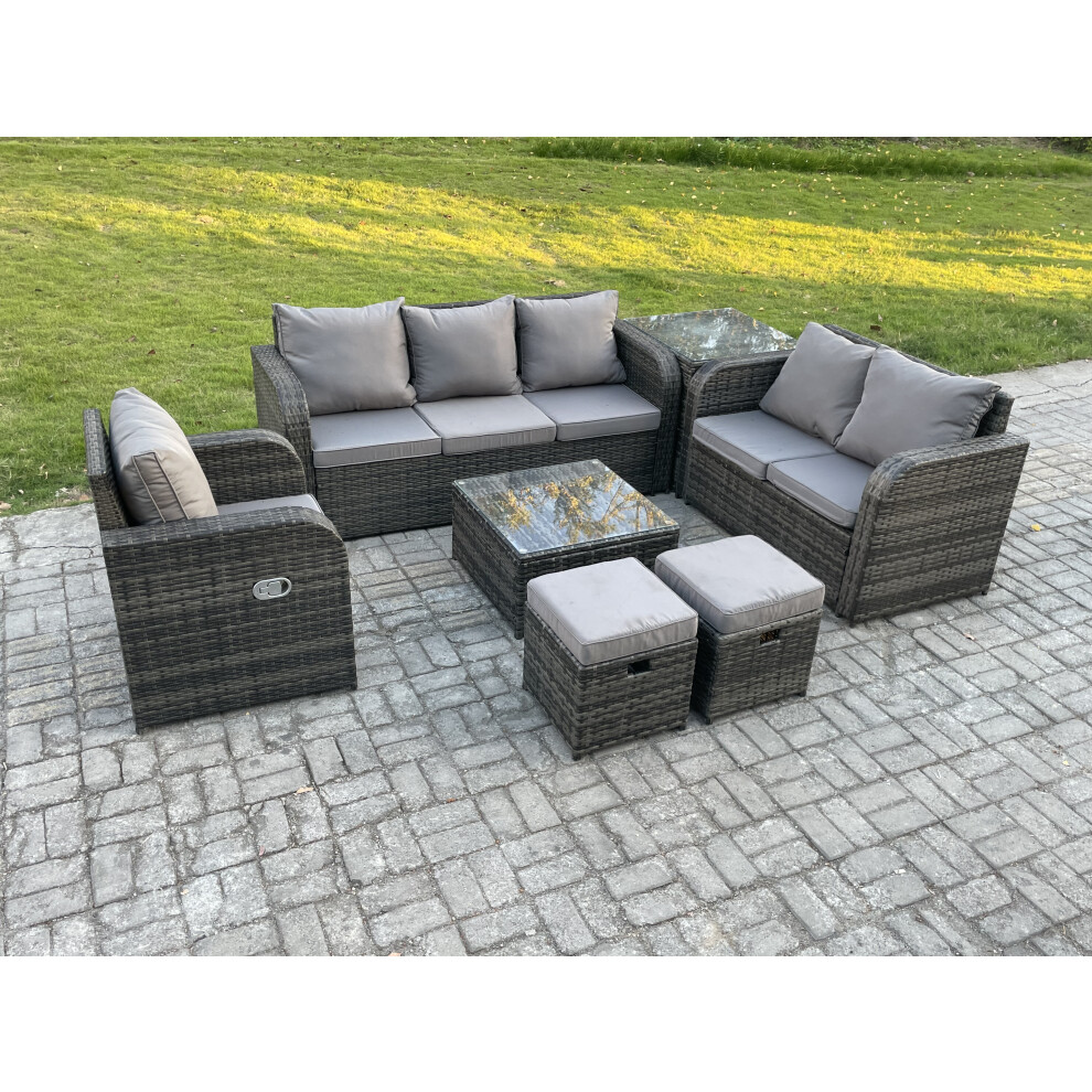 Fimous Rattan Garden Furniture 7 Piece Patio Set With Reclining Chair Love seat sofa Side Table 2 Small Footstools