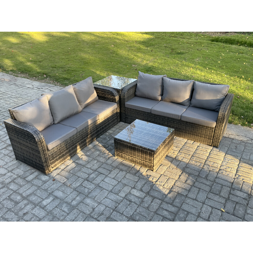 Fimous Indoor Outdoor Rattan Garden Furniture 6 Seater Set Table Sofa Chair Patio Conservatory With Grey Cushions Side Table