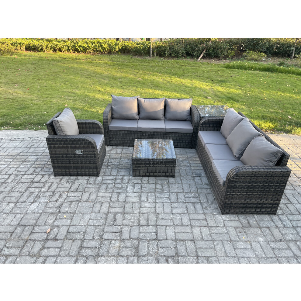 Fimous Outdoor Rattan Garden Furniture Set Conservatory Patio Sofa Coffee Table With Reclining Chair Side Table Brown