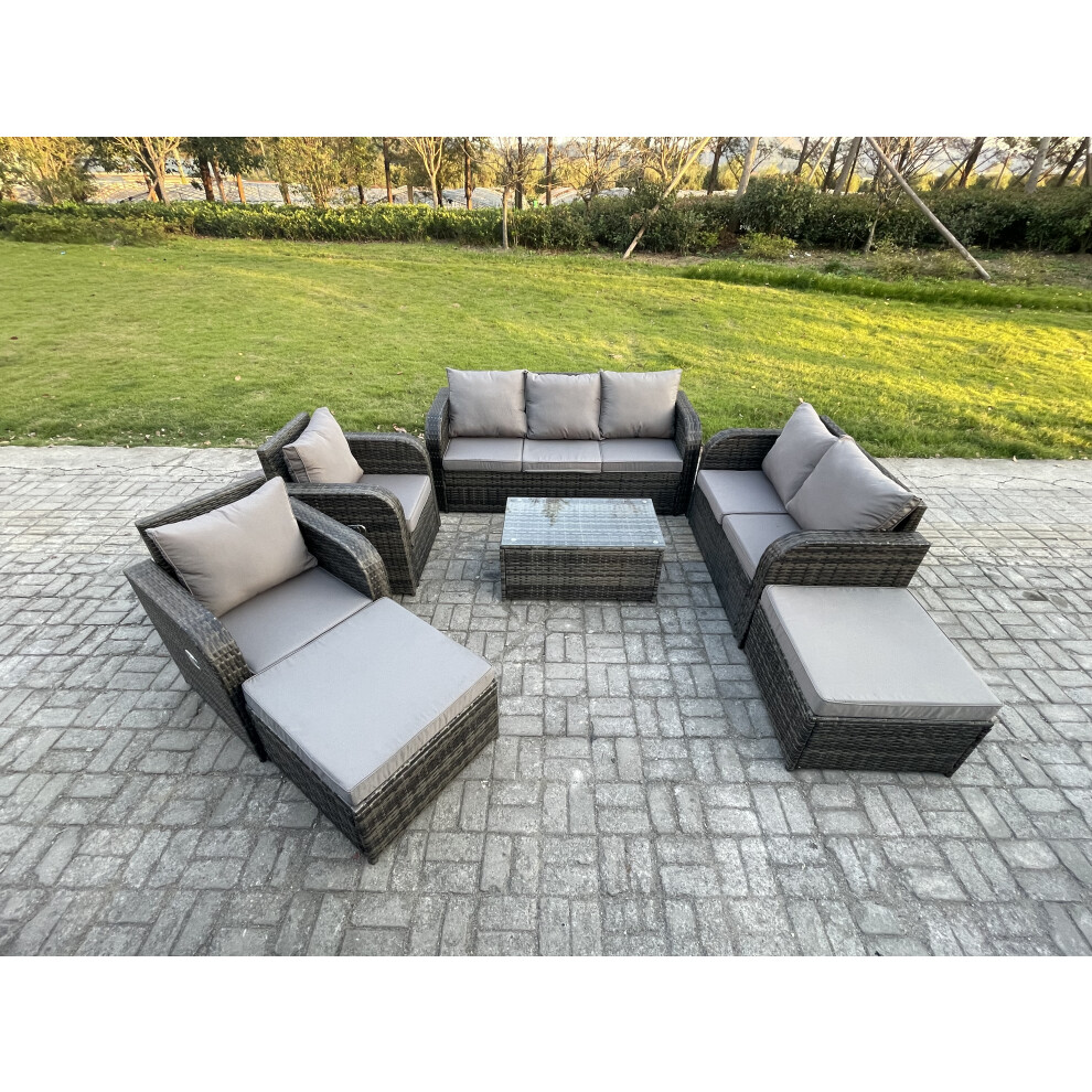 Wicker PE Rattan Garden Furniture Set 9 Seater Outdoor Lounge Sofa Set with Love Sofa Coffee Table 2 Big Footstool Dark Grey Mixed