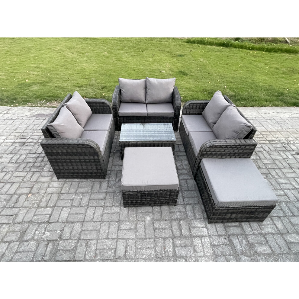 Fimous Garden Furniture Set Rattan Outdoor Lounge Sofa Chair With Tempered Glass Table Big Footstool Dark Grey Mixed