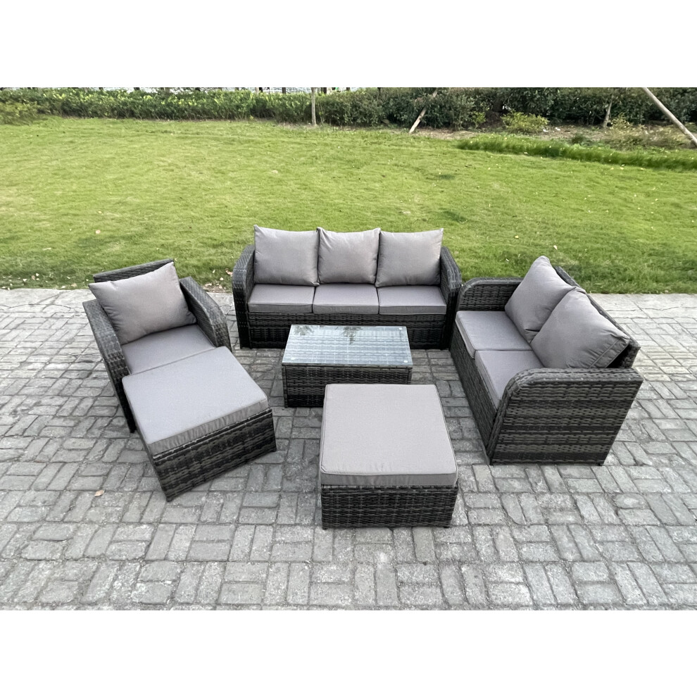 Fimous 8 Seater Garden Furniture Set Rattan Outdoor Lounge Sofa With Tempered Glass Table Big Footstool Dark Grey Mixed