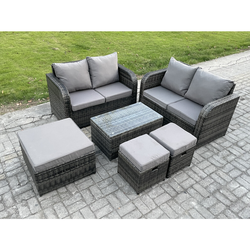 Fimous 7 Seater Garden Furniture Set Rattan Outdoor Lounge Sofa Chair With Tempered Glass Table 3 Footstools Dark Grey Mixed