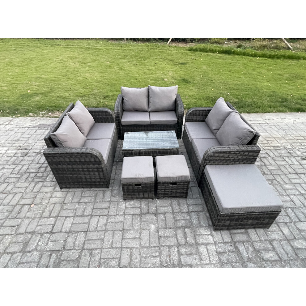 Rackhams Dark/Grey Outdoor Garden Furniture Sets 9 Seater Wicker Rattan Furniture Sofa Sets With Rectangular Coffee Table Love Sofa 3 Footstools Mixed - Image 2