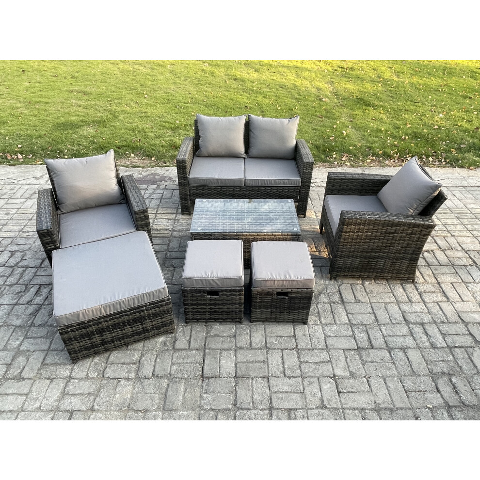 Rackhams Dark/Grey 7-Seater Outdoor Lounge Sofa Set - Mixed Pe Wicker Rattan Garden Furniture With Rectangular Coffee Table & 3 Footstools - Image 2