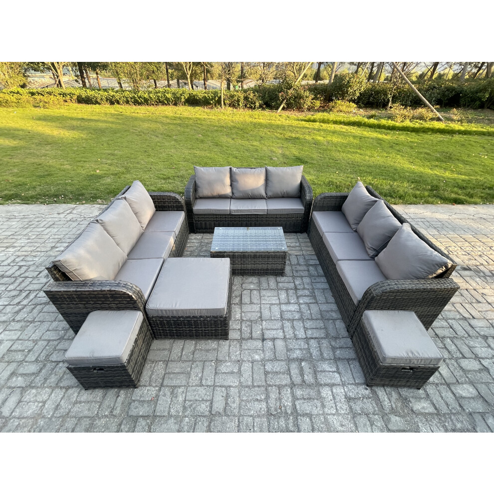 Fimous Rattan Lounge Sofa Set 12 Seater Outdoor Garden Furniture Set With Rectangular Coffee Table 3 Seater Sofa 3 Footstools