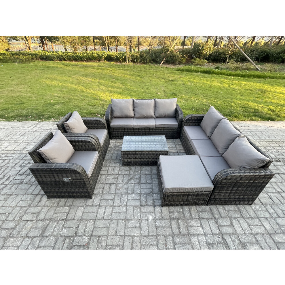 Rattan Outdoor Garden Furniture Sofa Set Patio Table & Chairs Set with 3 Seater Sofa Reclining Chair Big Footstool Dark Grey Mixed