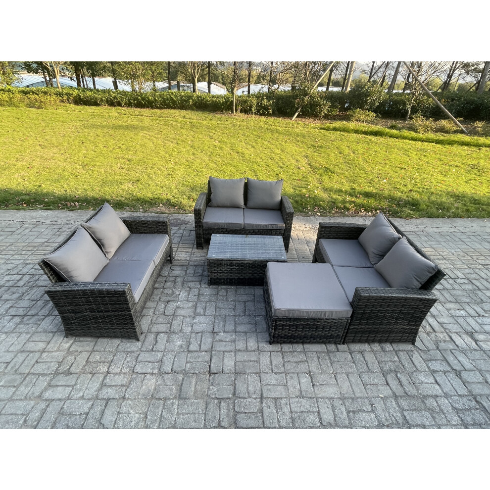 Fimous Unisex Dark Grey Seater Outdoor Rattan Garden Furniture Set Patio Love Sofa Rectangular Coffee Table Set With Big Footstool Size 7 - Image 2