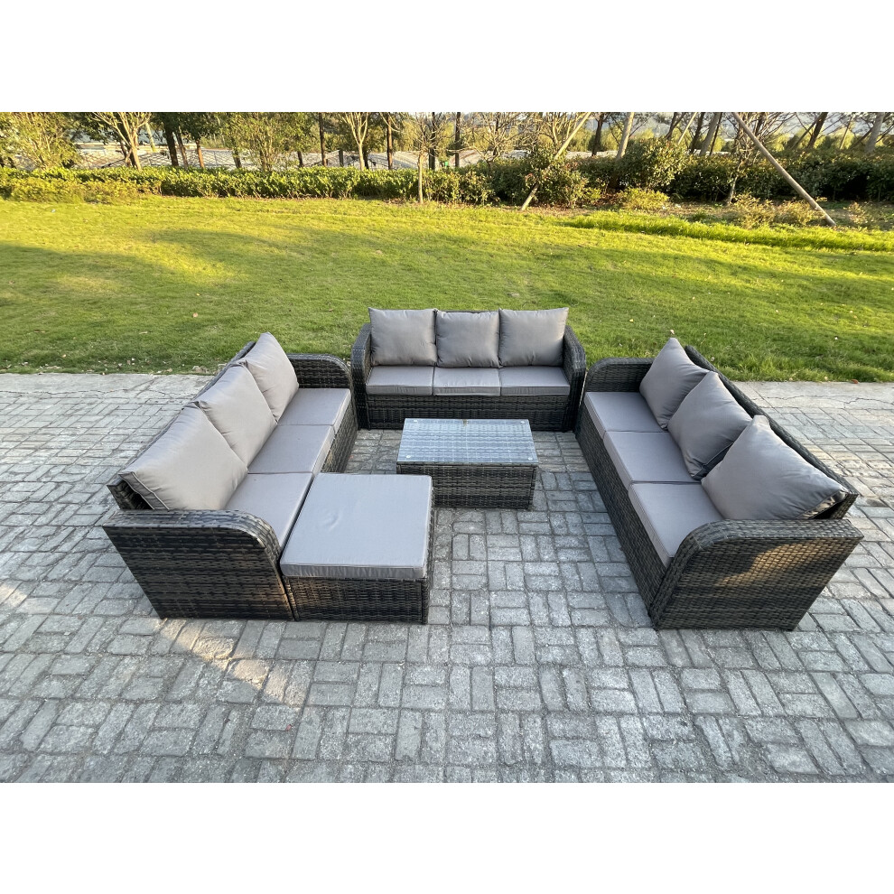 Fimous Rattan Lounge Sofa Set 10 Seater Outdoor Garden Furniture Set With Rectangular Coffee Table 3 Seater Sofa Dark Grey Mixed