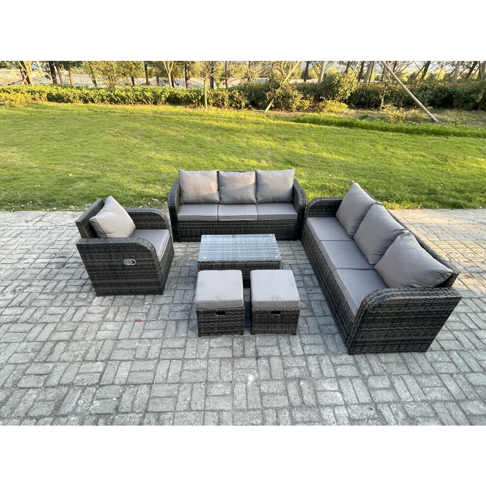 Fimous 9 Seater Rattan Lounge Sofa Set Outdoor Garden Furniture Set With Rectangular Coffee Table Dark Grey Mixed