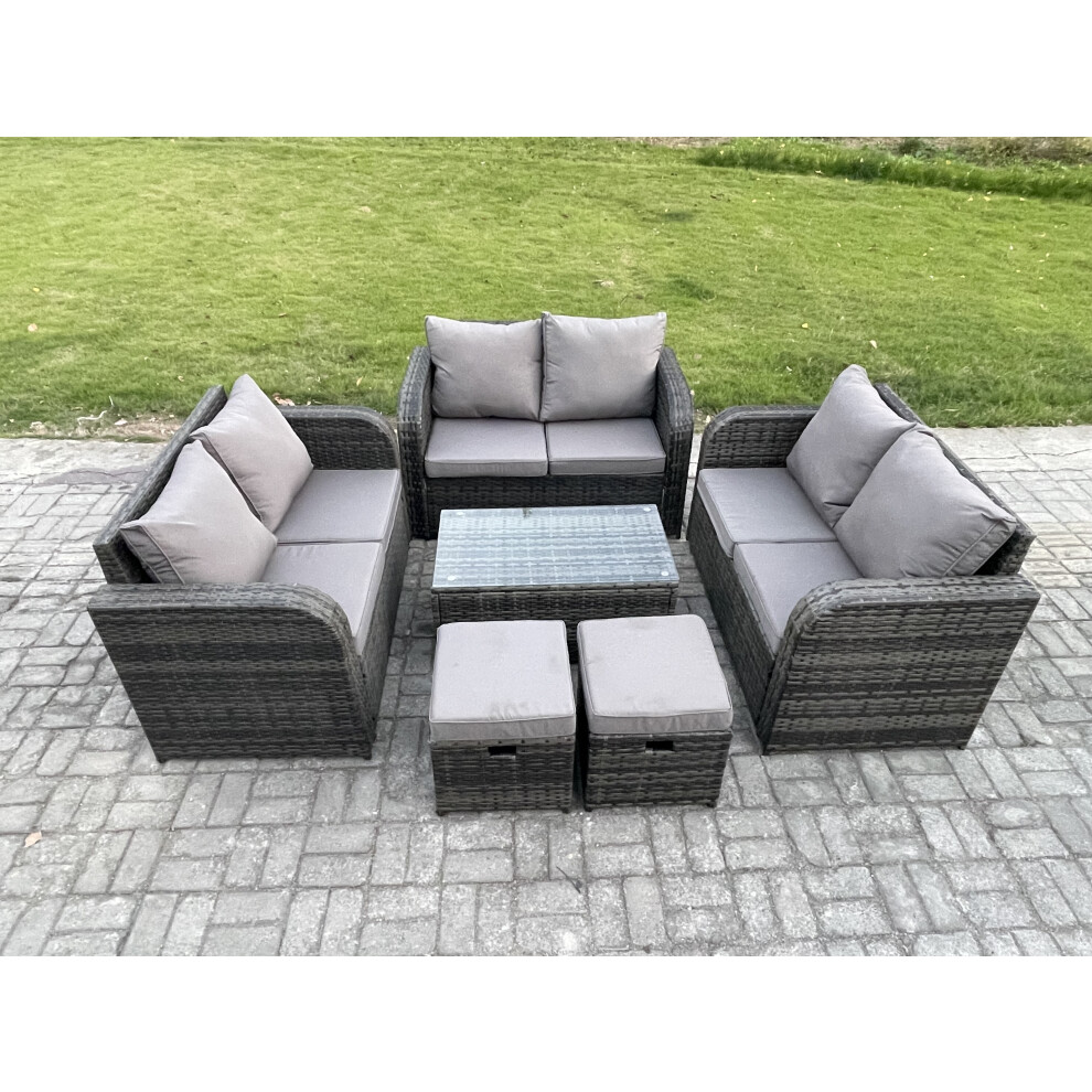 Rackhams Dark/Grey 8 Seater Mixed Rattan Outdoor Sofa Set - Rectangular Coffee Table, Loveseat & 2 Small Footstools - Image 2