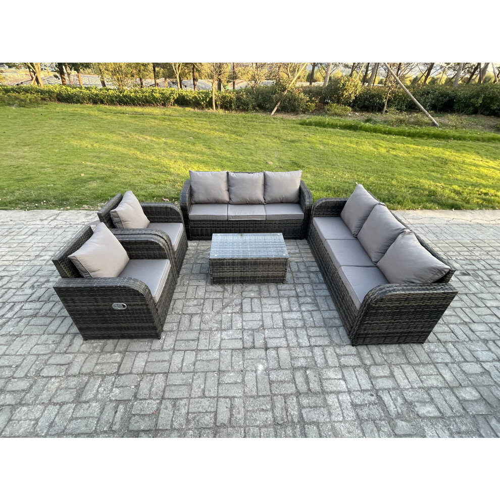 Fimous Rattan Outdoor Garden Furniture Sofa Set Patio Table & Chairs Set With 3 Seater Sofa Reclining Chair Dark Mixed Grey