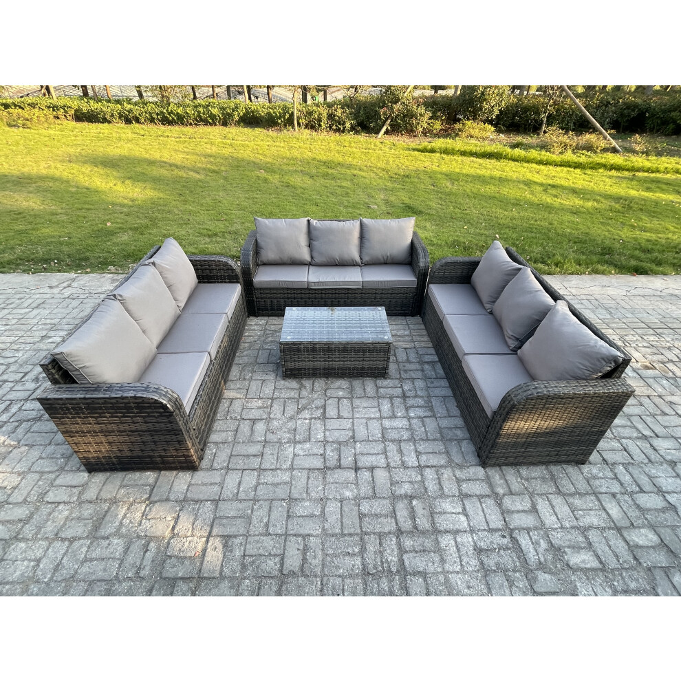Fimous Rattan Lounge Sofa Set 9 Seater Outdoor Garden Furniture Set With Rectangular Coffee Table 3 Seater Sofa Dark Grey Mixed
