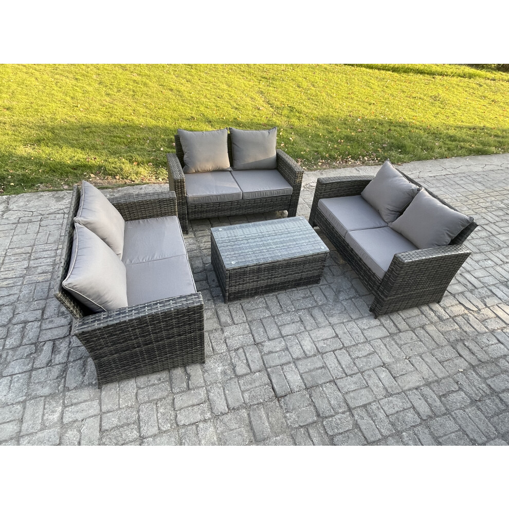 Rackhams Dark/Grey 6 Seater Outdoor Rattan Garden Furniture Set Patio Love Sofa Rectangular Coffee Table Set - Image 2