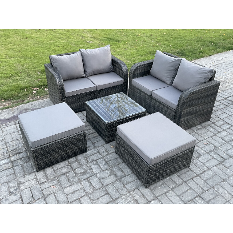 Fimous Rattan Sofa Set Outdoor Garden Furniture Set With Square Coffee Table Loveseat Sofa 2 Big Footstool Dark Grey Mixed