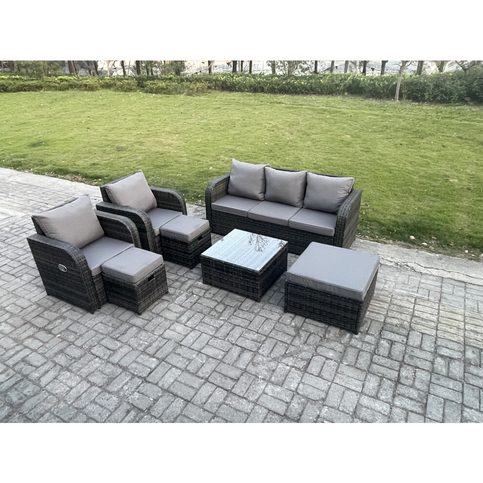 Fimous Garden Furniture Sets Wicker Rattan Furniture Patio Sofa Sets With Reclining Chair 3 Seater Sofa 3 Footstools Dark Mixed Grey