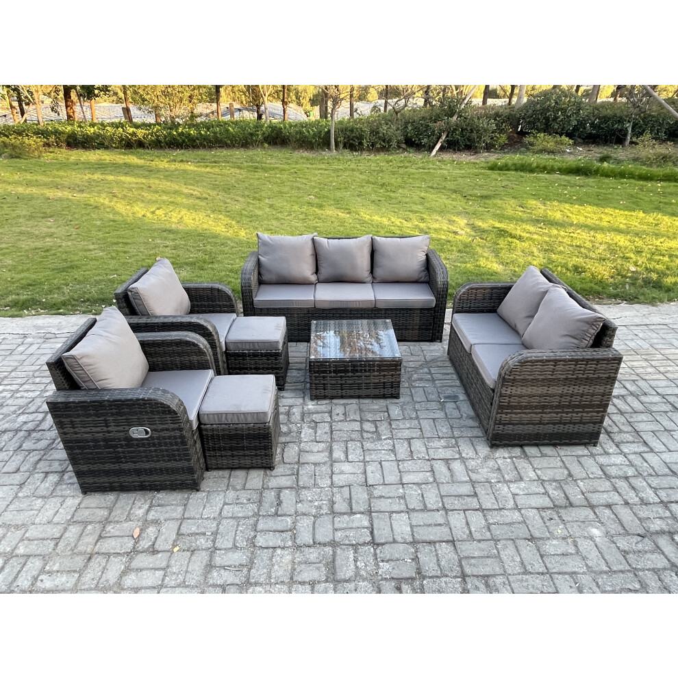 Fimous 9 Seater Garden Furniture Set Rattan Outdoor Lounge Sofa Chair With Tempered Glass Table 2 Small Footstools
