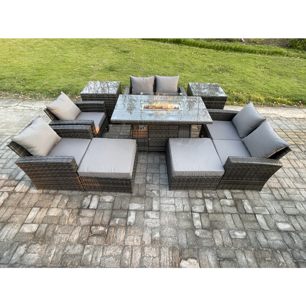 Rackhams Dark/Grey 9-Piece Outdoor Rattan Gas Fire Pit Dining Set | Sofa, 2 Footstools, 2 Side Tables | - Image 2
