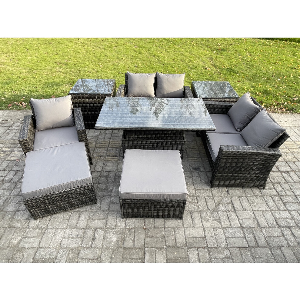 Fimous 7 Seater Outdoor Rattan Patio Furniture Set Garden Height Adjustable Rising Lifting Table Sofa Dining Set with 2 Side Tables 2 Big Footstool