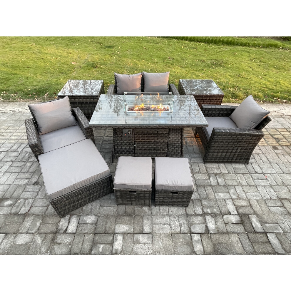Fimous Outdoor Garden Dining Sets 7 Seater Rattan Patio Furniture Sofa Set with Gas Firepit Table 3 Footstools 2 Side Tables Dark Grey Mixed