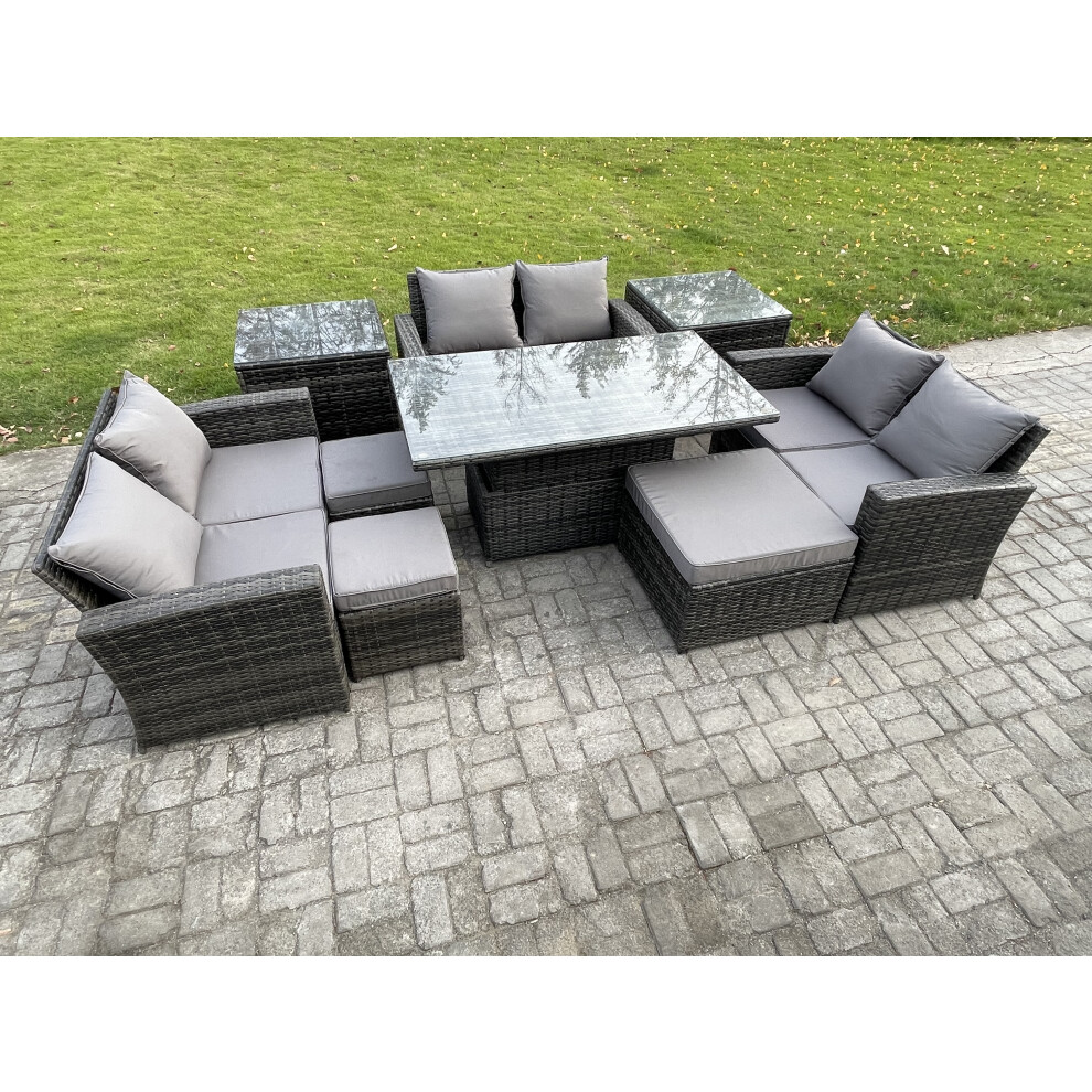 Fimous Unisex Dark Grey Wicker Pe Rattan Garden Furniture Set Height Adjustable Rising Lifting Table Sofa Dining Set With Double Seat Sofa In Small - Image 2