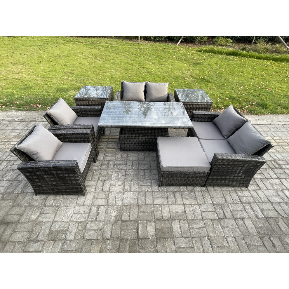 Fimous Rattan Garden Furniture Sets Patio Outdoor Rising Lifting Table Sofa Set with Double Seat Sofa 2 Side Tables Big Footstool Dark Grey Mixed